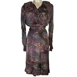 Vtg 70s Magnin Baron Peters Silk Floral Pleated Dress Ruffle Metalic Large